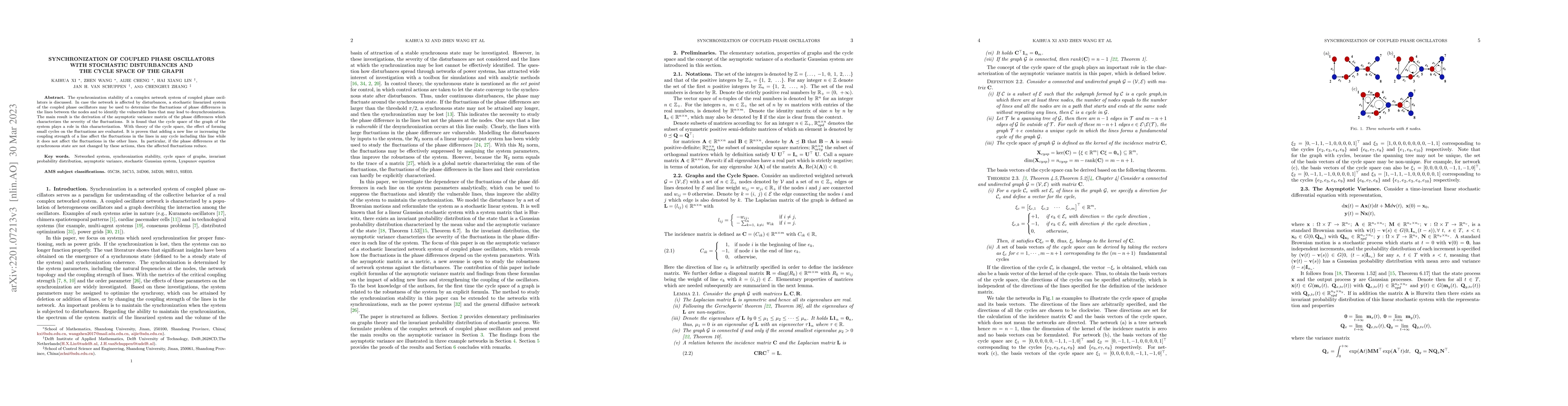 Thumbnail for Synchronization of Coupled Phase Oscillators with Stochastic
  Disturbances and the Cycle Space of the Graph