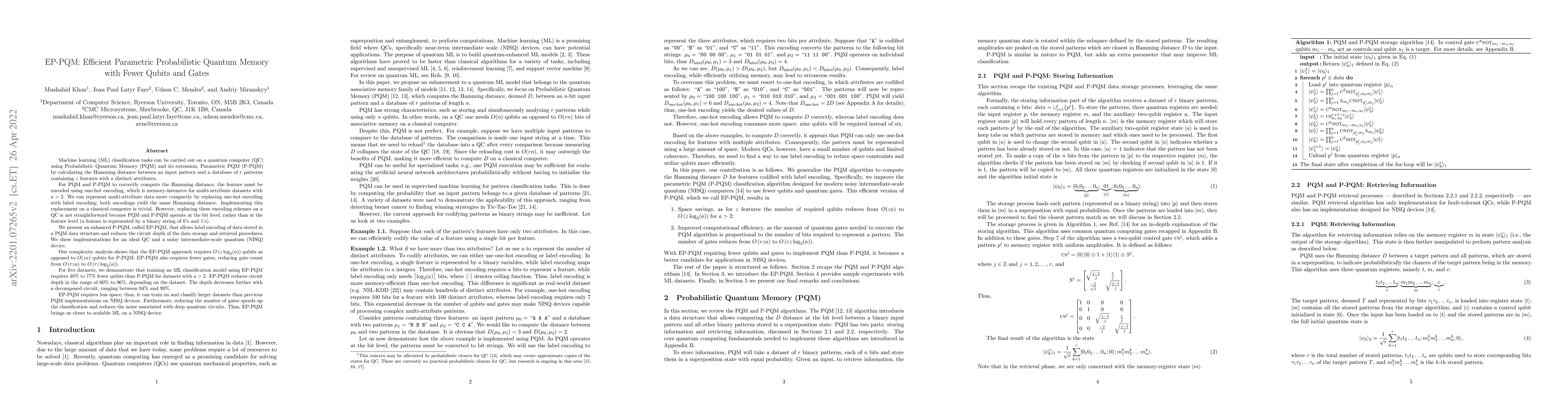 Thumbnail for EP-PQM: Efficient Parametric Probabilistic Quantum Memory with Fewer
  Qubits and Gates