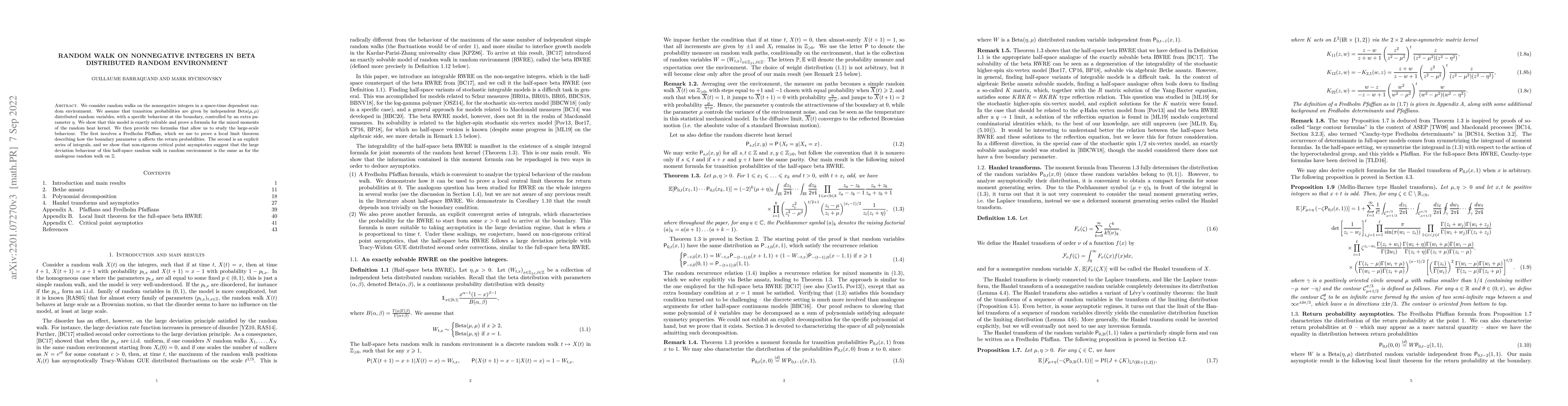 Thumbnail for Random walk on nonnegative integers in beta distributed random
  environment