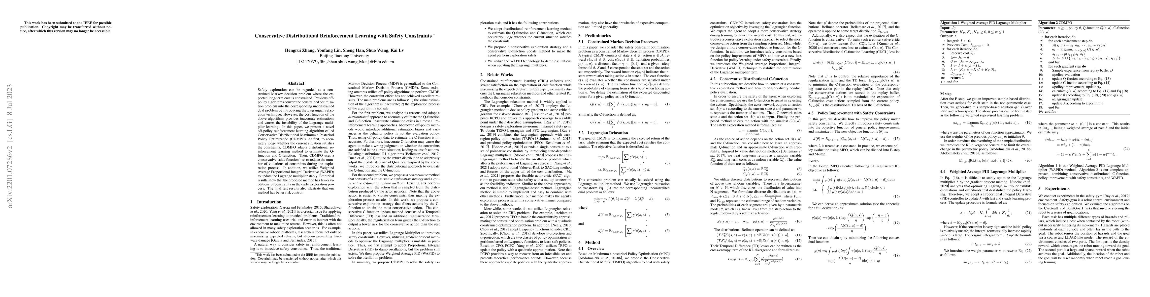 Thumbnail for Conservative Distributional Reinforcement Learning with Safety
  Constraints