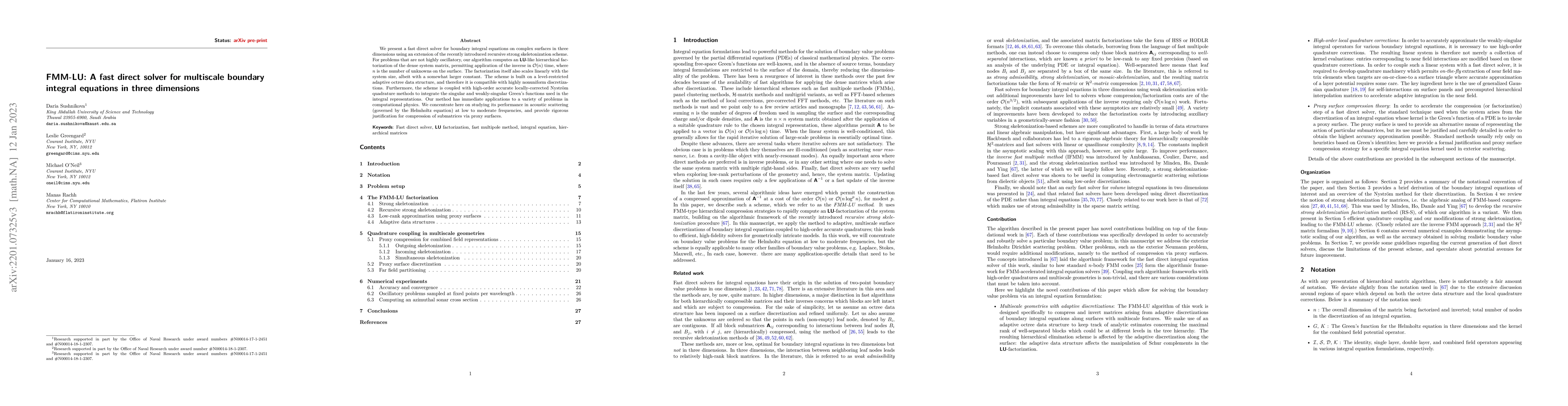 Thumbnail for FMM-LU: A fast direct solver for multiscale boundary integral equations
  in three dimensions