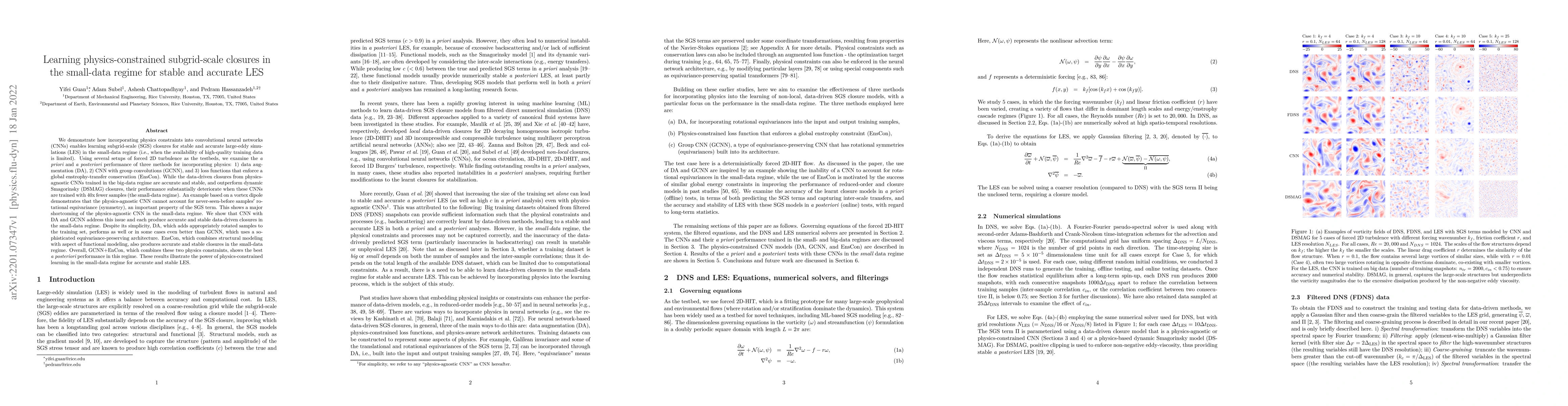 Thumbnail for Learning physics-constrained subgrid-scale closures in the small-data
  regime for stable and accurate LES