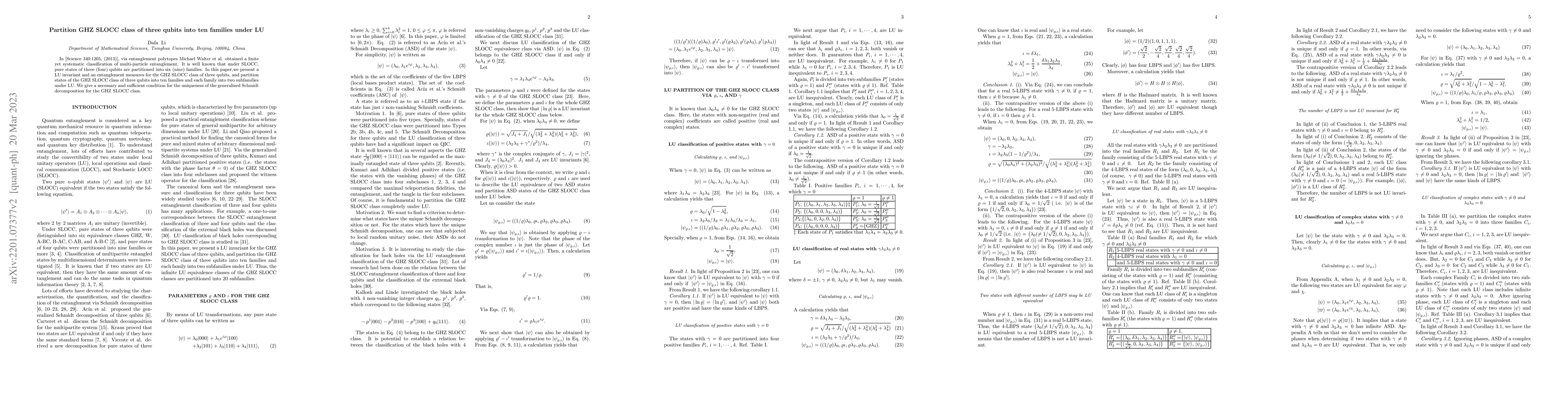 Thumbnail for Partition GHZ SLOCC class of three qubits into ten families under LU