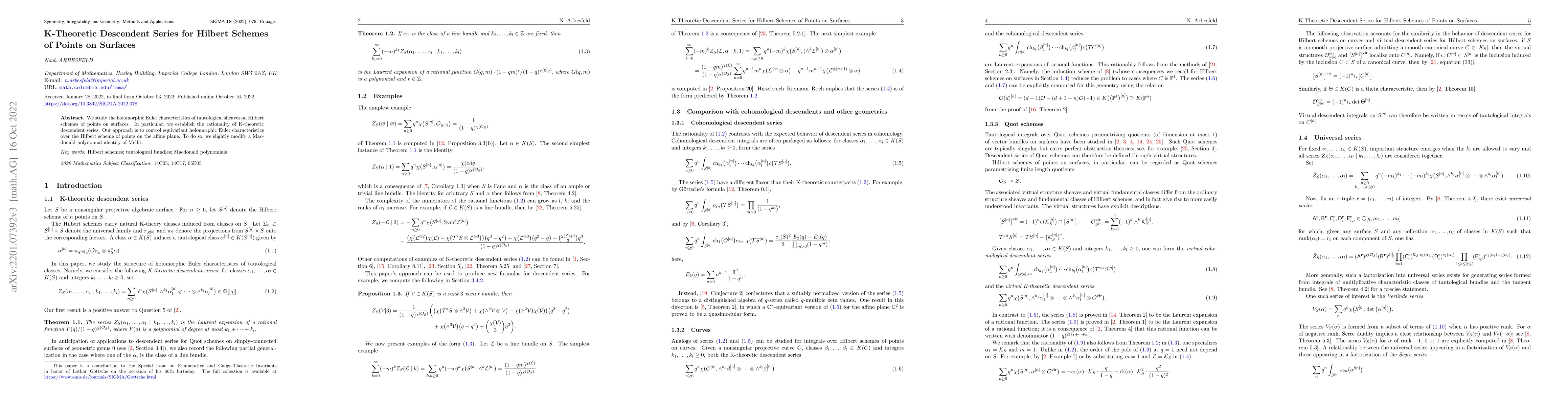 Thumbnail for K-Theoretic Descendent Series for Hilbert Schemes of Points on Surfaces
