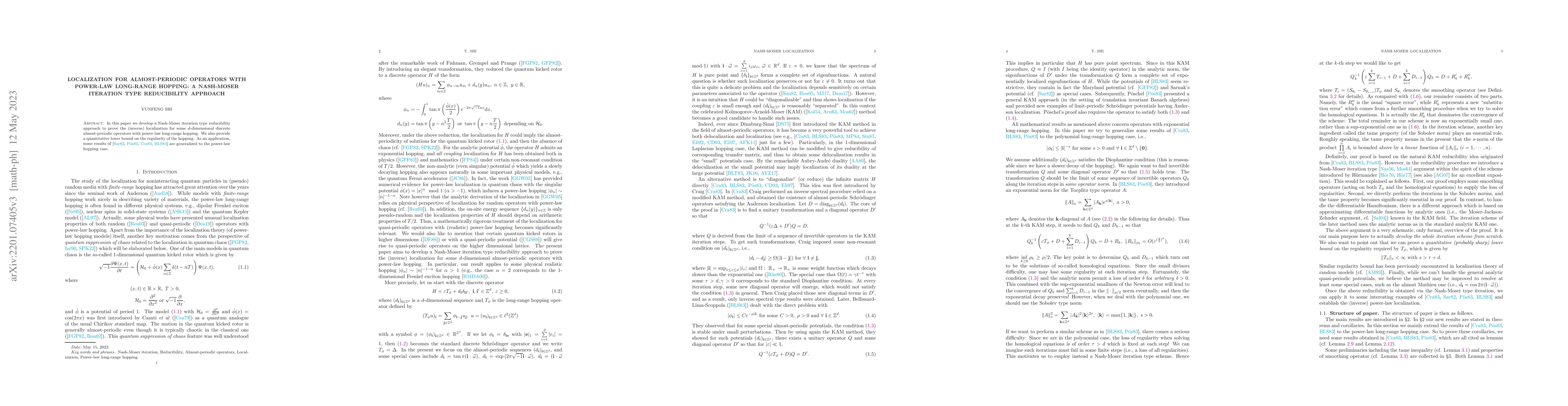 Thumbnail for Localization for Almost-Periodic Operators with Power-law Long-range
  Hopping: A Nash-Moser Iteration Type Reducibility Approach