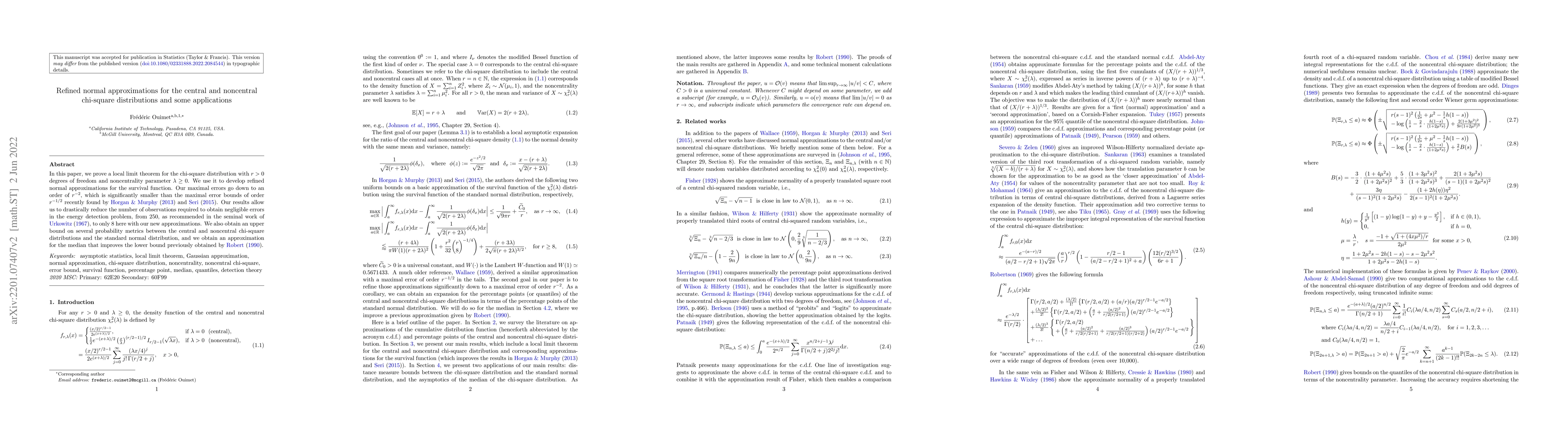 Thumbnail for Refined normal approximations for the central and noncentral chi-square
  distributions and some applications