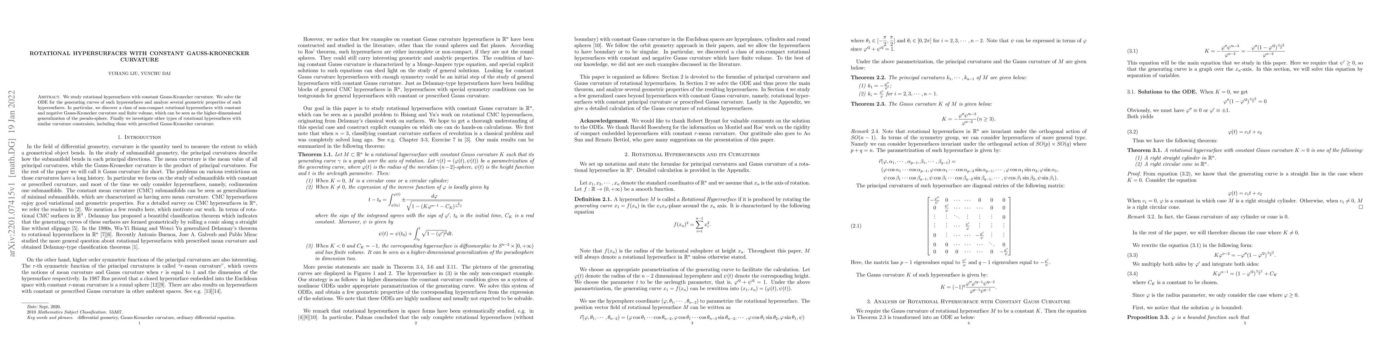 Thumbnail for Rotational hypersurfaces with constant Gauss-Kronecker curvature