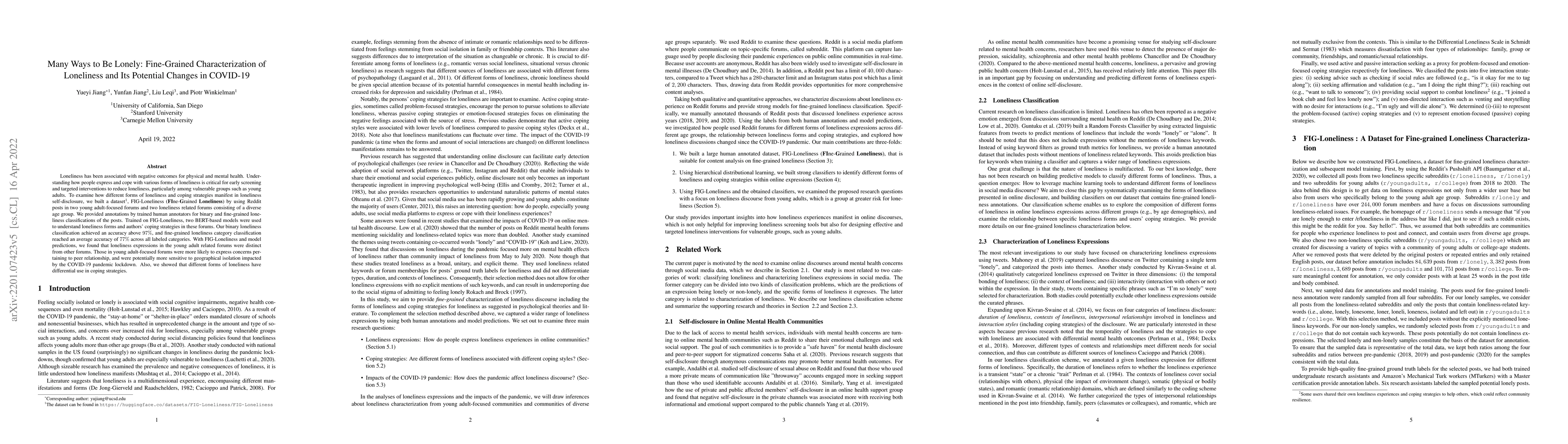 Thumbnail for Many Ways to Be Lonely: Fine-Grained Characterization of Loneliness and
  Its Potential Changes in COVID-19