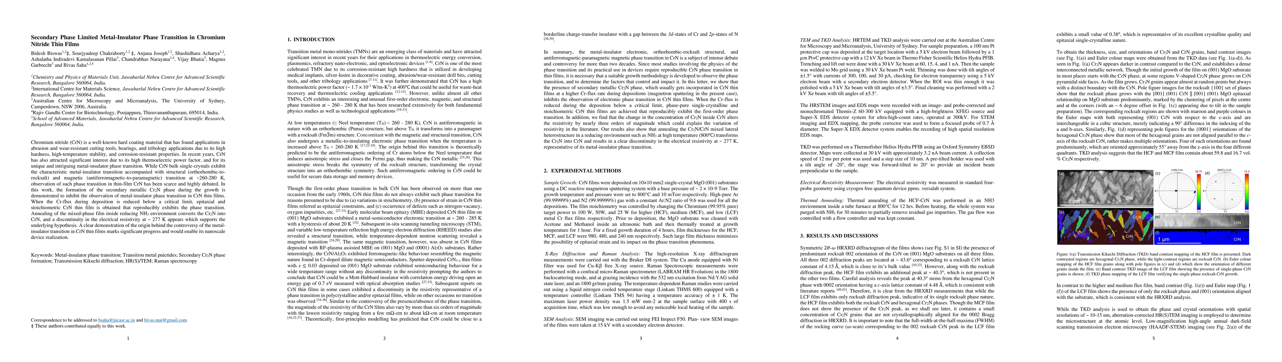 Thumbnail for Secondary Phase Limited Metal-Insulator Phase Transition in Chromium
  Nitride Thin Films