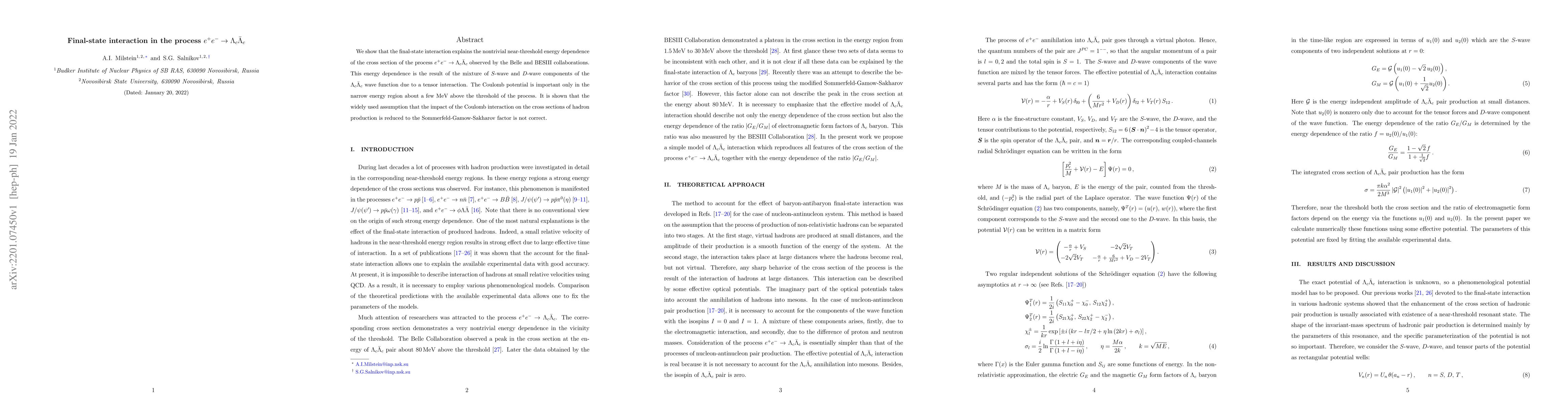 Thumbnail for Final-state interaction in the process
  $e^{+}e^{-}\rightarrow\Lambda_{c}\bar{\Lambda}_{c}$