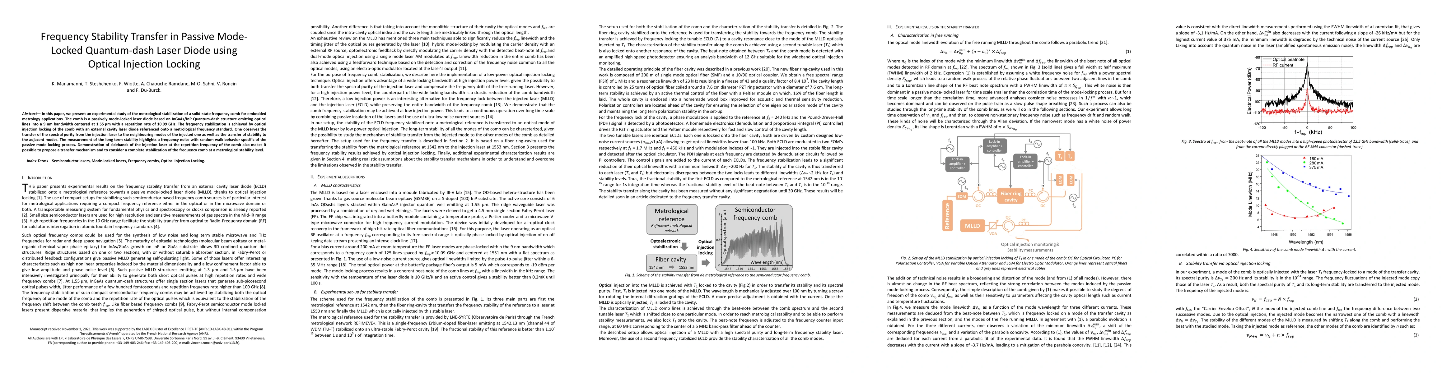 Thumbnail for Frequency Stability Transfer in Passive Mode-Locked Quantum-dash Laser
  Diode using Optical Injection Locking