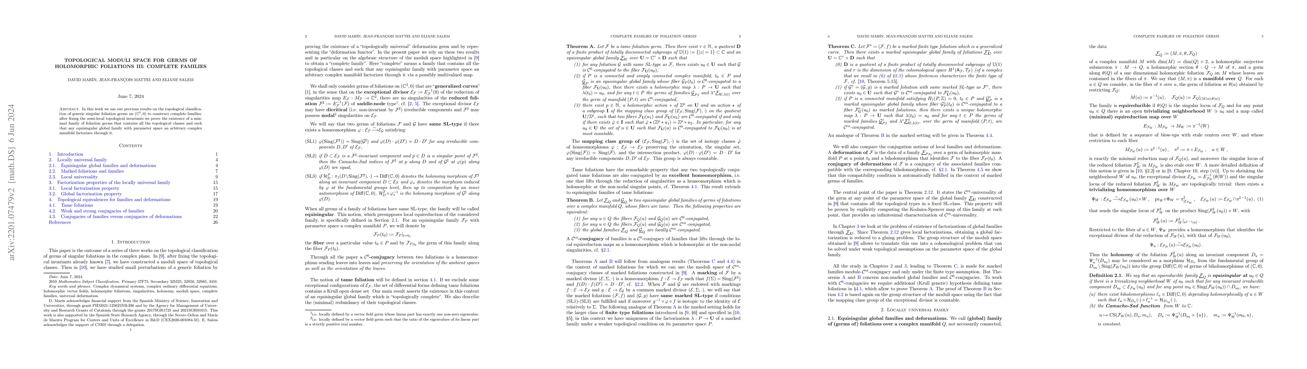 Thumbnail for Topological Moduli Space for Germs of Holomorphic Foliations III:
  Complete families