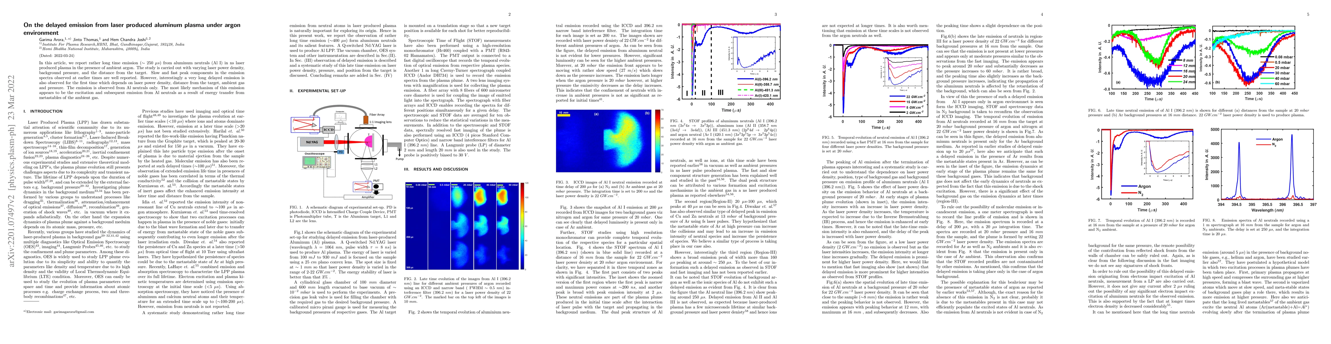 Thumbnail for On the delayed emission from laser produced aluminum plasma under argon
  environment