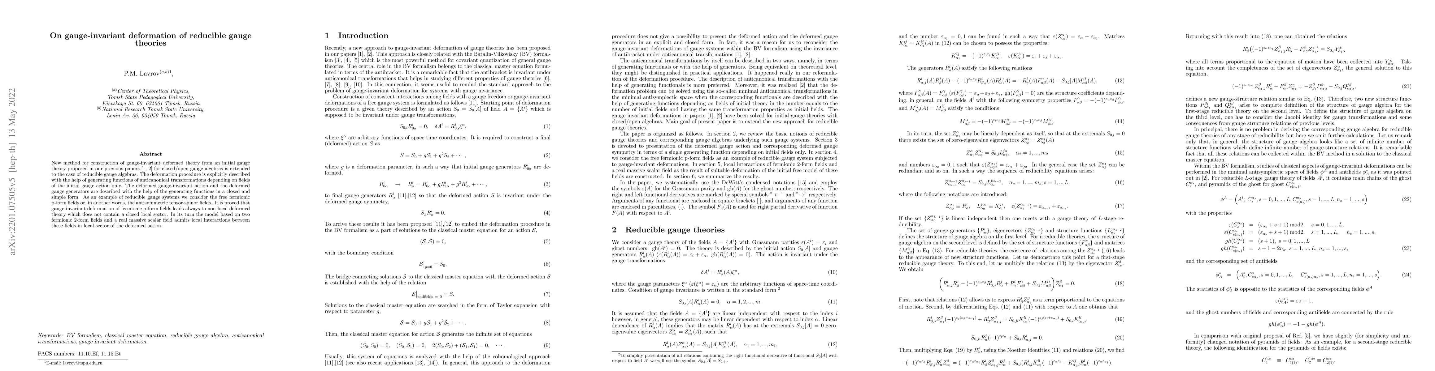 Thumbnail for On gauge-invariant deformation of reducible gauge theories