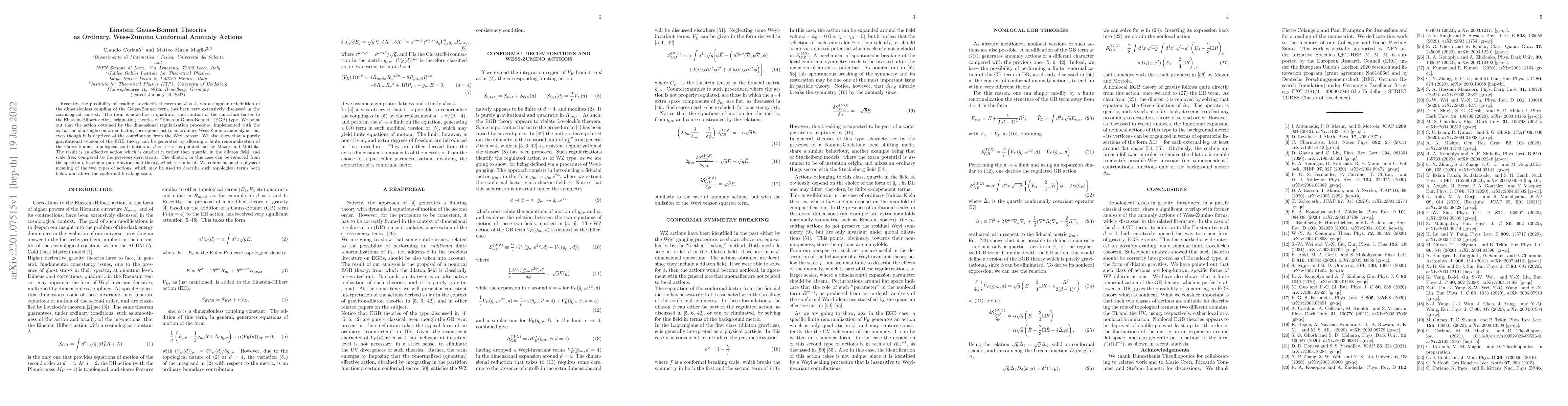 Thumbnail for Einstein Gauss-Bonnet Theories as Ordinary, Wess-Zumino Conformal
  Anomaly Actions