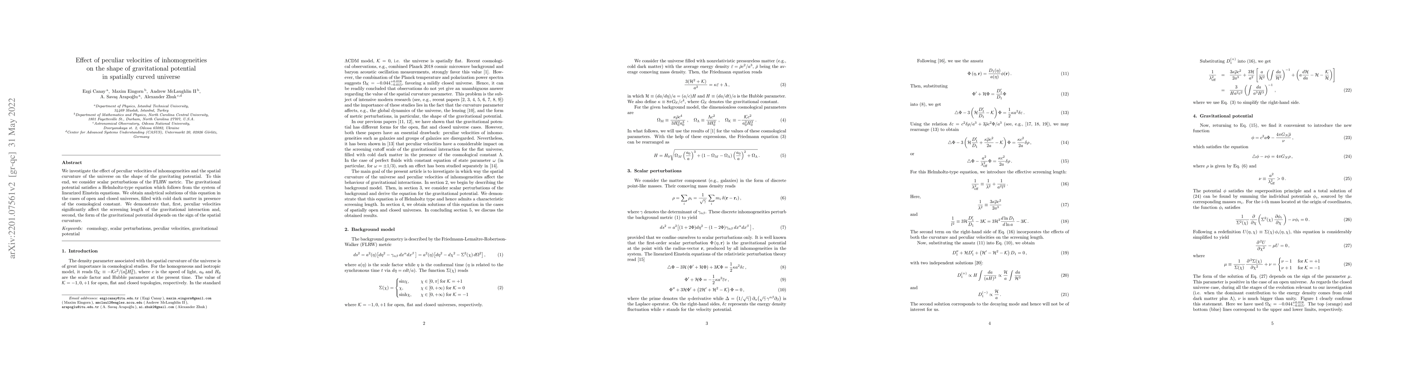 Thumbnail for Effect of peculiar velocities of inhomogeneities on the shape of
  gravitational potential in spatially curved universe