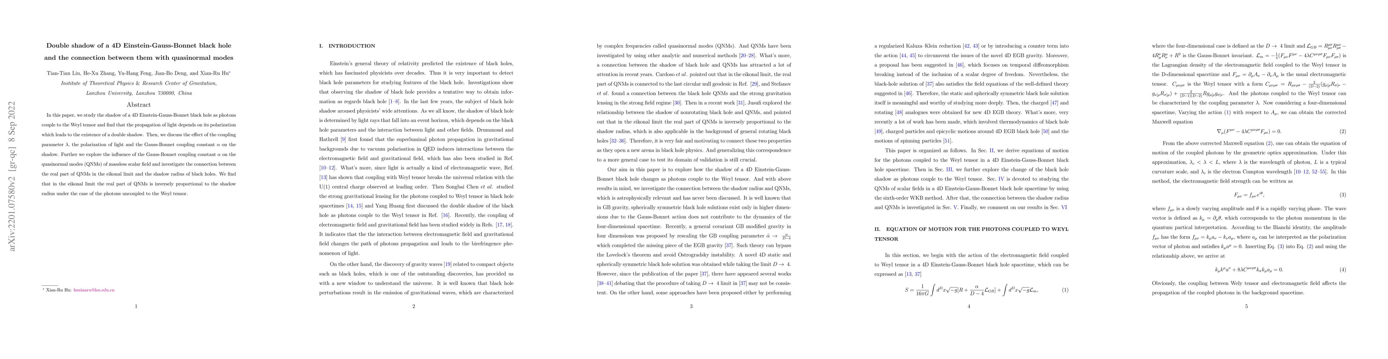 Thumbnail for Double shadow of a 4D Einstein-Gauss-Bonnet black hole and their
  connection between with quasinormal modes