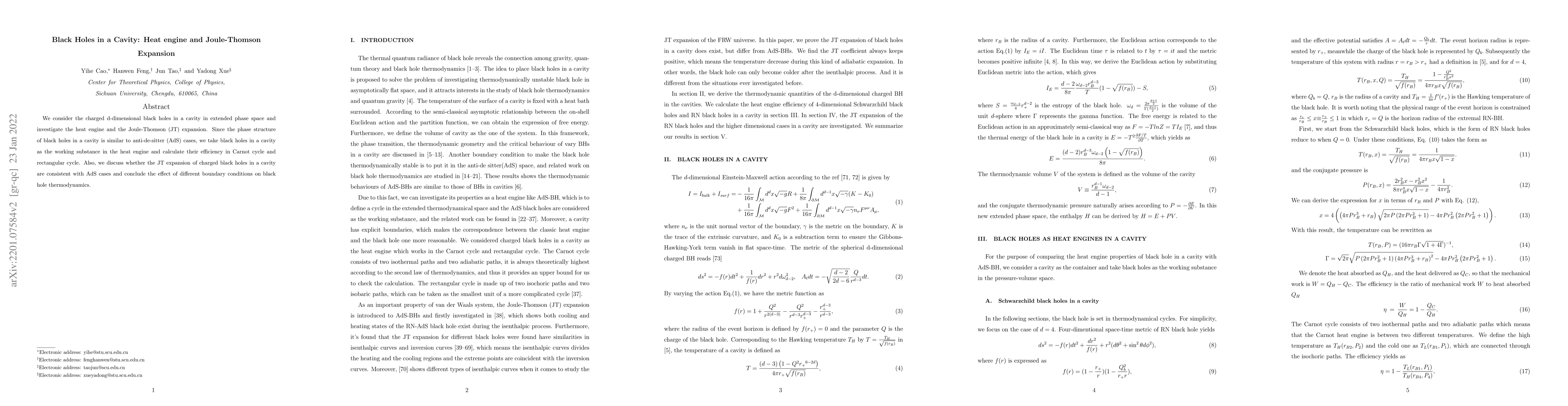 Thumbnail for Black Holes in a Cavity: Heat engine and Joule-Thomson Expansion