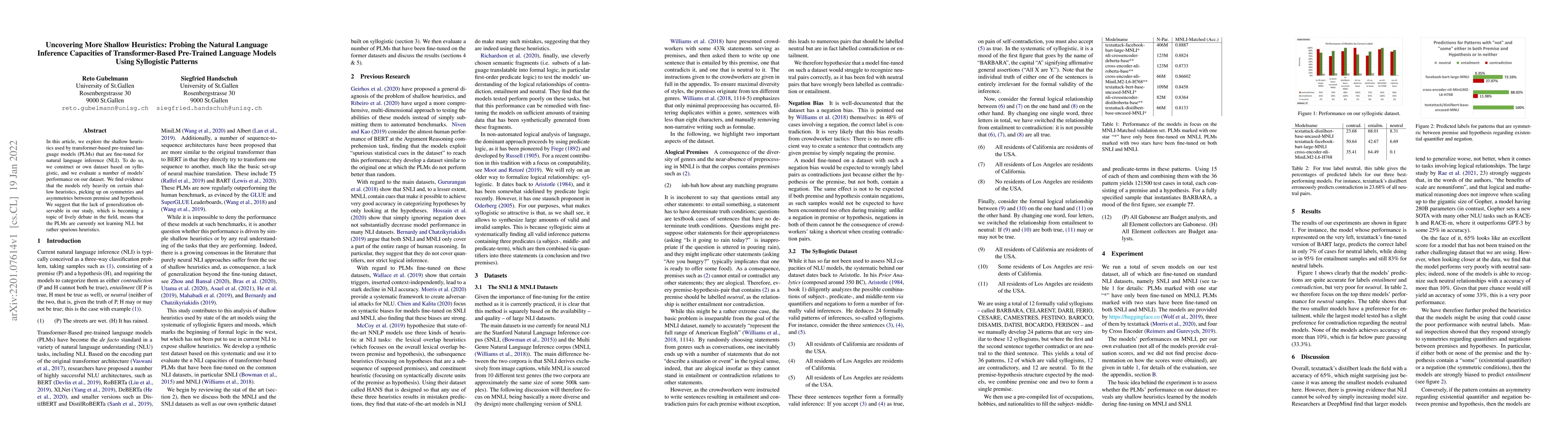 Thumbnail for Uncovering More Shallow Heuristics: Probing the Natural Language
  Inference Capacities of Transformer-Based Pre-Trained Language Models Using
  Syllogistic Patterns