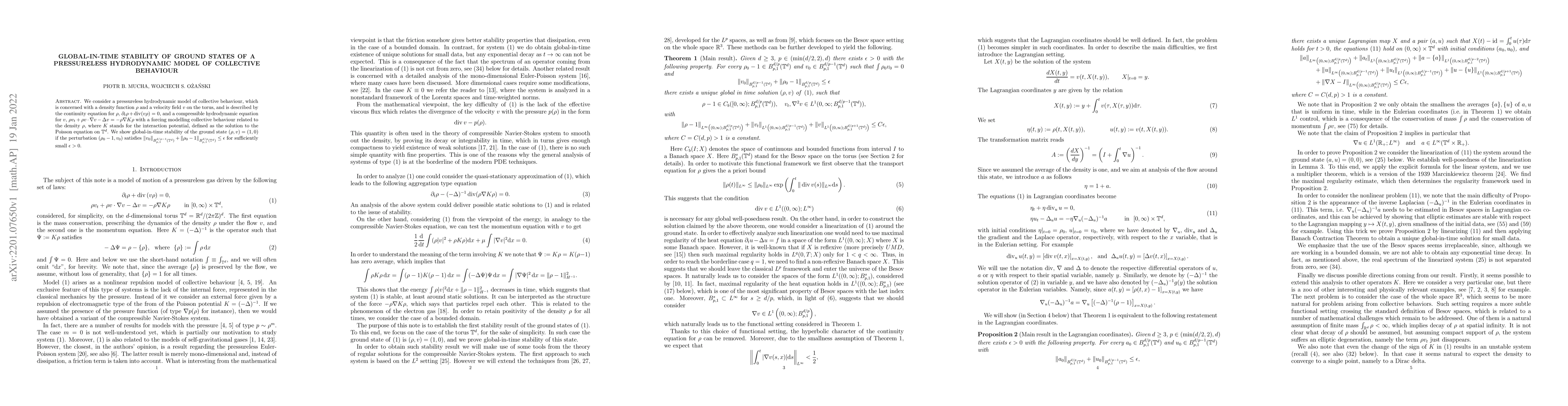 Thumbnail for Global-in-time stability of ground states of a pressureless hydrodynamic
  model of collective behaviour
