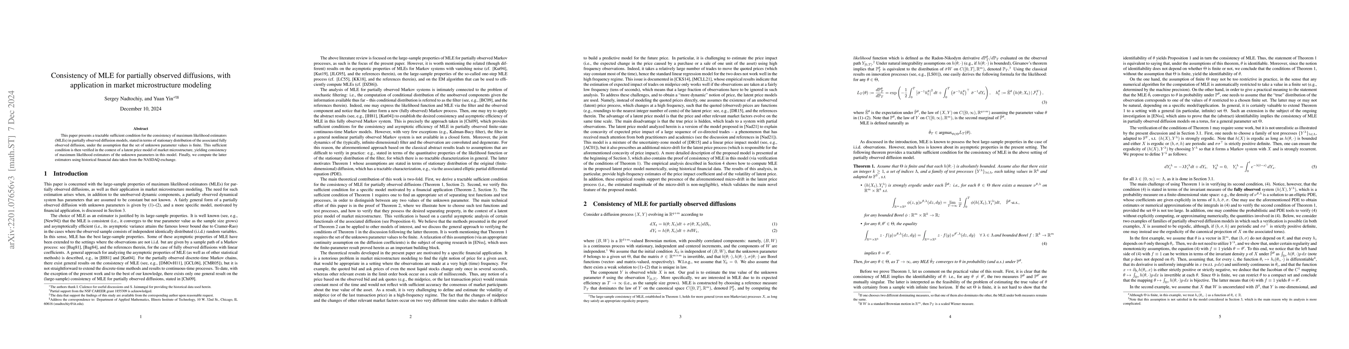 Thumbnail for Consistency of MLE for partially observed diffusions, with application
  in market microstructure modeling