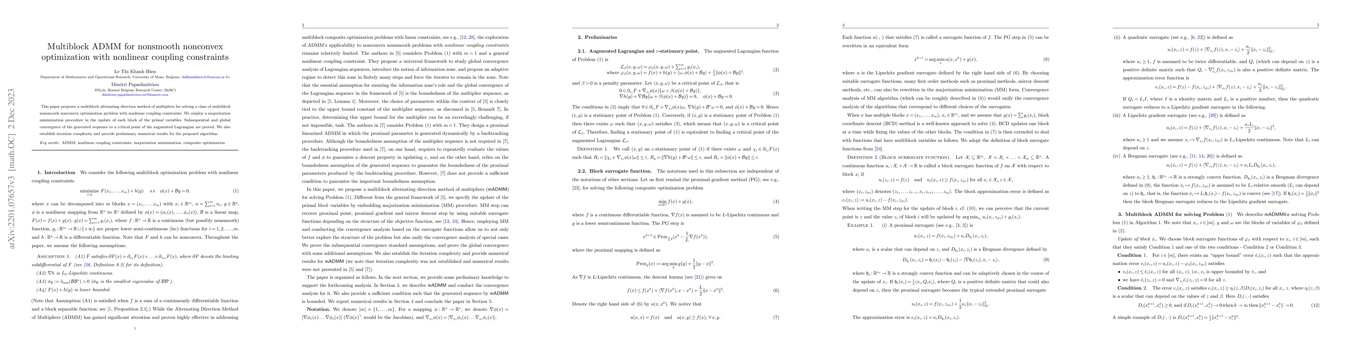 Thumbnail for Multiblock ADMM for nonsmooth nonconvex optimization with nonlinear
  coupling constraints