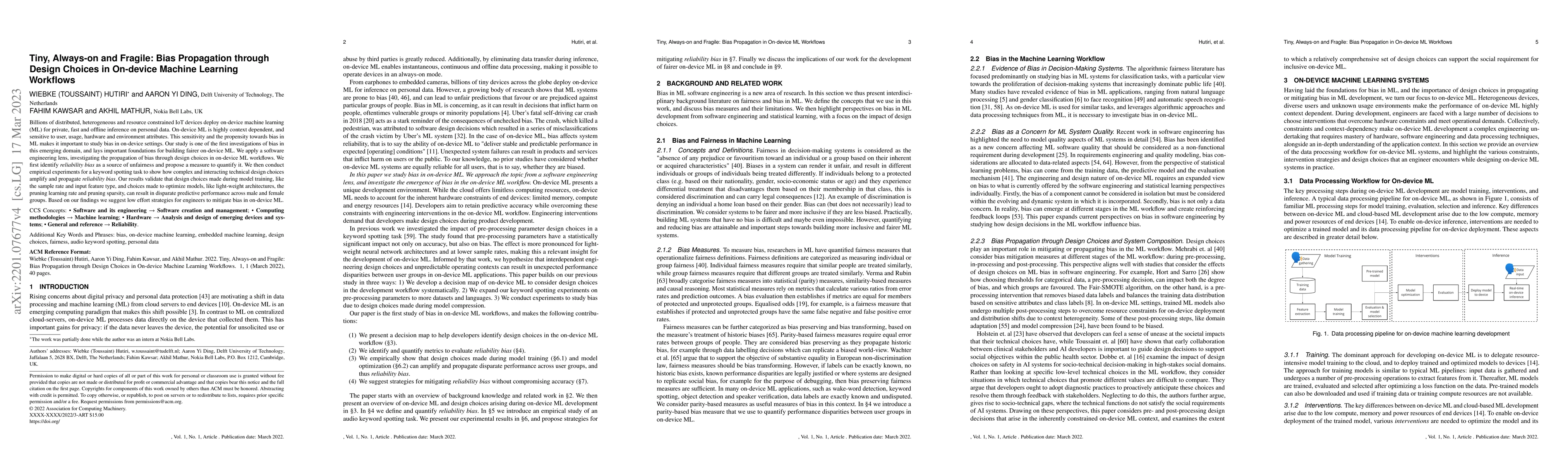 Thumbnail for Tiny, always-on and fragile: Bias propagation through design choices in
  on-device machine learning workflows