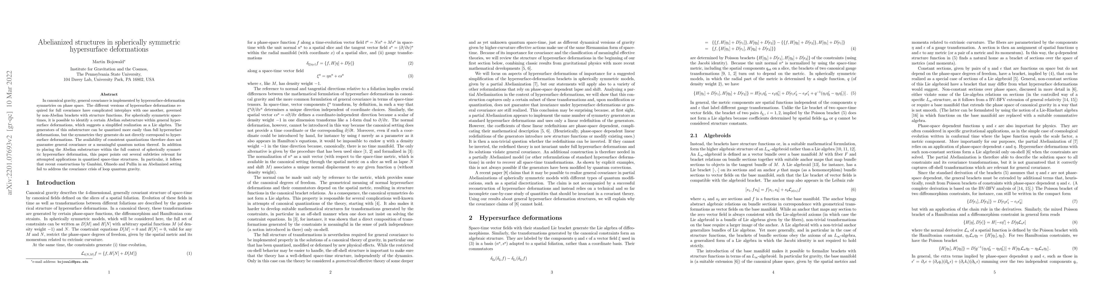 Thumbnail for Abelianized structures in spherically symmetric hypersurface
  deformations