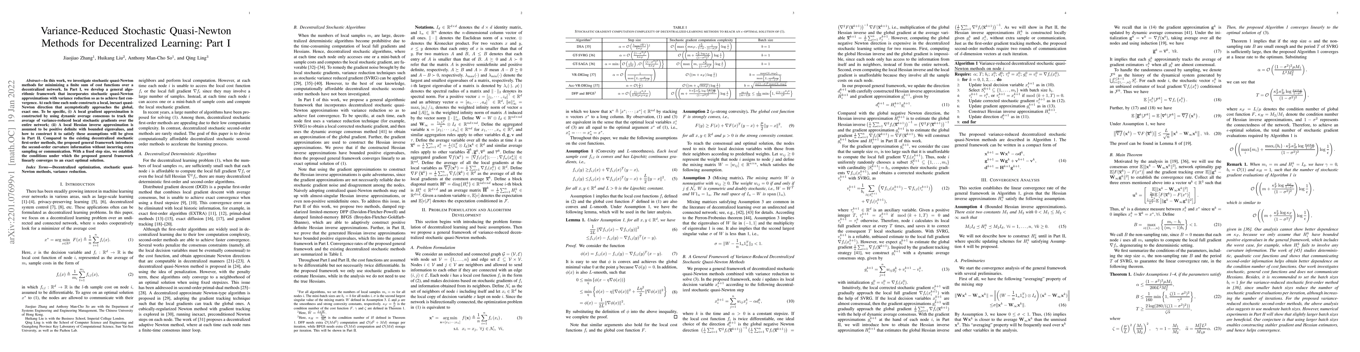 Thumbnail for Variance-Reduced Stochastic Quasi-Newton Methods for Decentralized
  Learning: Part I