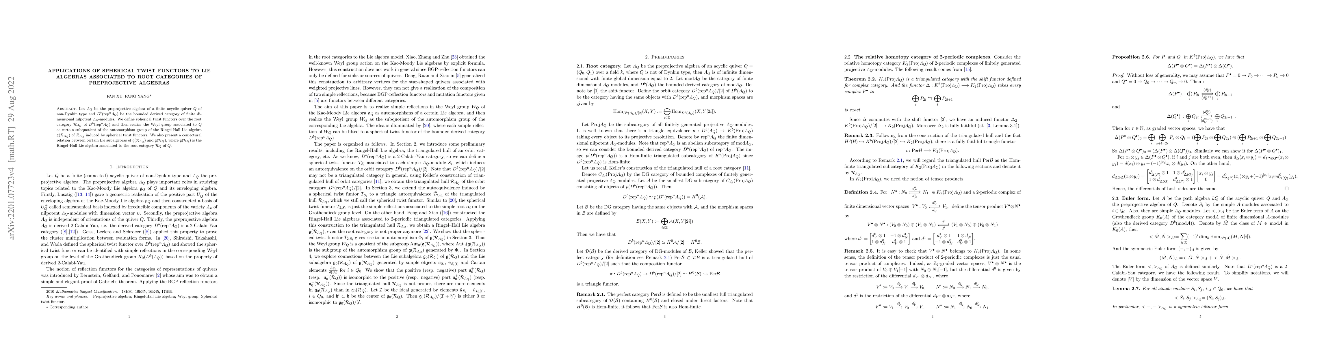 Thumbnail for Applications of spherical twist functors to Lie algebras associated to
  root categories of preprojective algebras