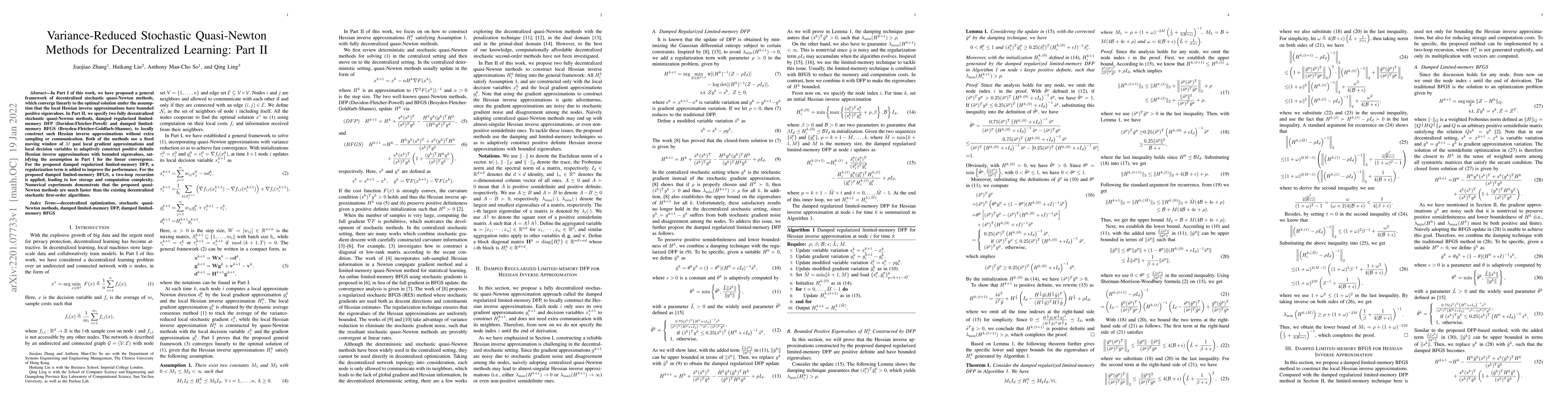 Thumbnail for Variance-Reduced Stochastic Quasi-Newton Methods for Decentralized
  Learning: Part II