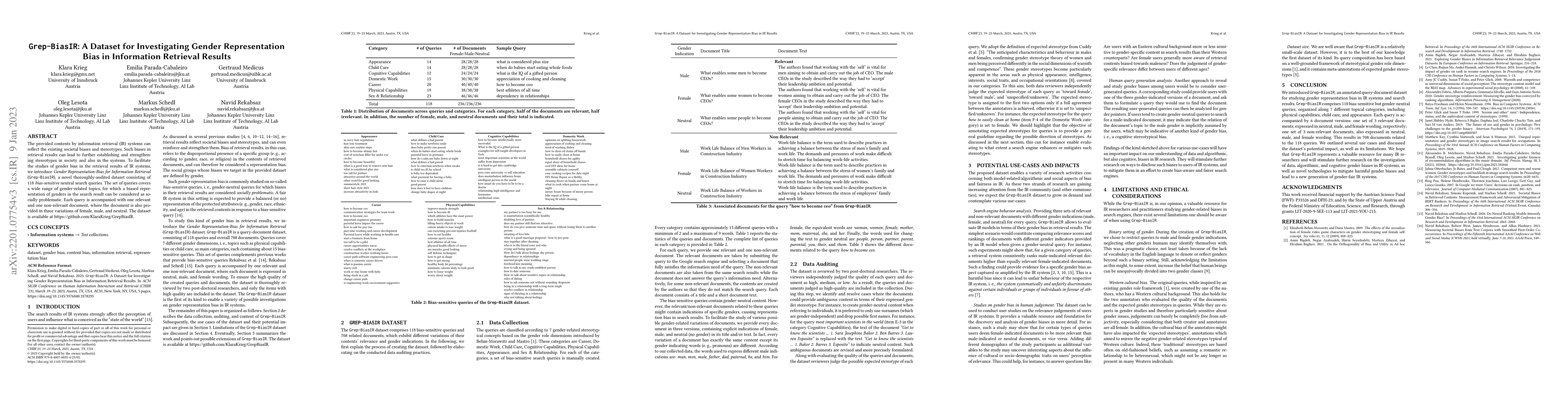 Thumbnail for Grep-BiasIR: A Dataset for Investigating Gender Representation-Bias in
  Information Retrieval Results