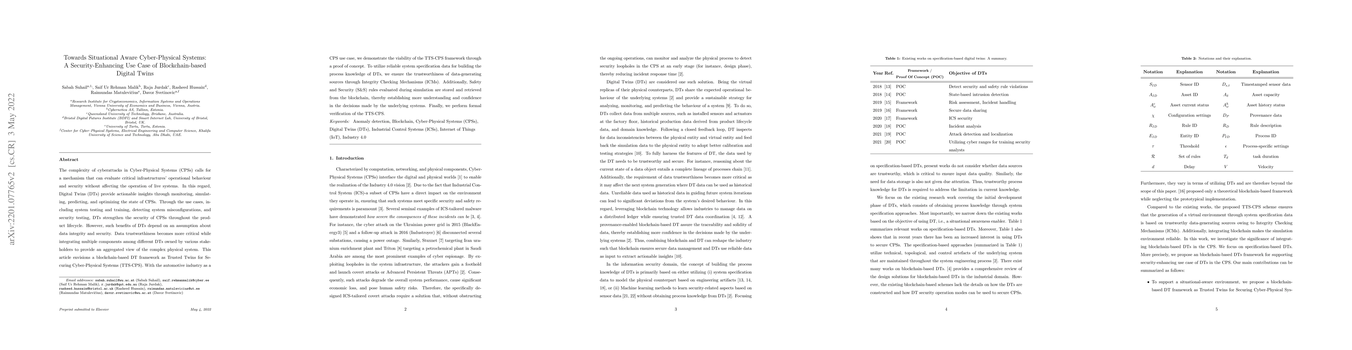 Thumbnail for Towards Situational Aware Cyber-Physical Systems: A Security-Enhancing
  Use Case of Blockchain-based Digital Twins