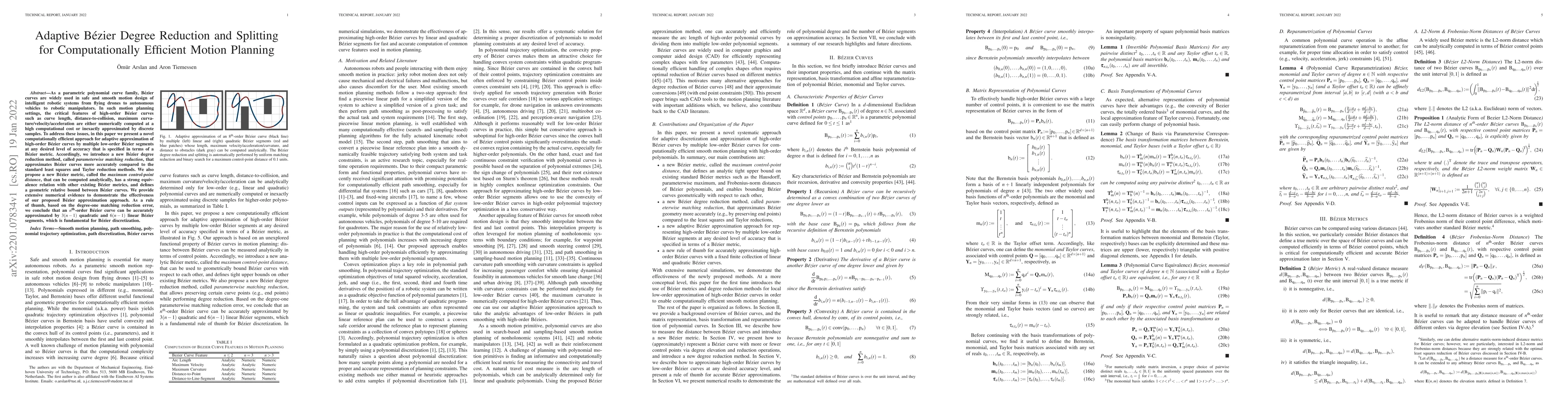 Thumbnail for Adaptive B\'ezier Degree Reduction and Splitting for Computationally
  Efficient Motion Planning