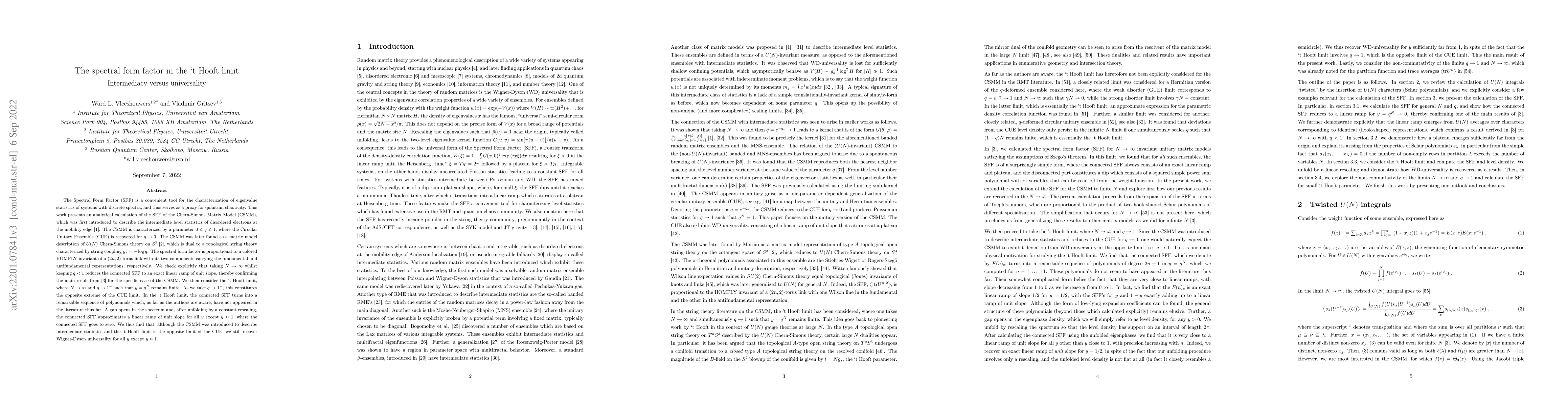 Thumbnail for The spectral form factor in the `t Hooft limit -- Intermediacy versus
  universality