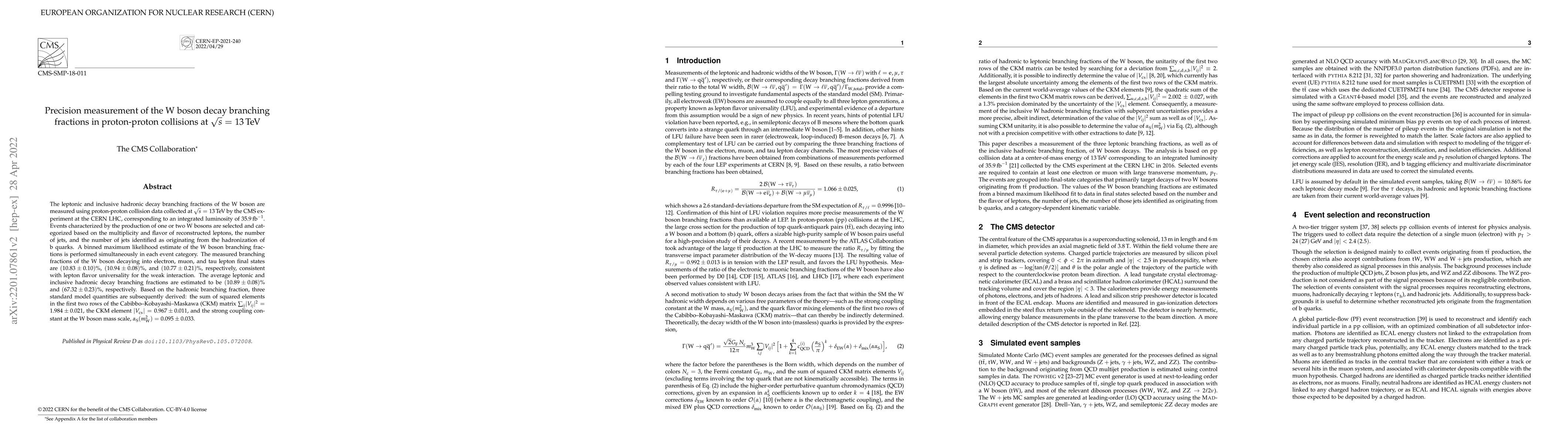 Thumbnail for Precision measurement of the W boson decay branching fractions in
  proton-proton collisions at $\sqrt{s} =$ 13 TeV