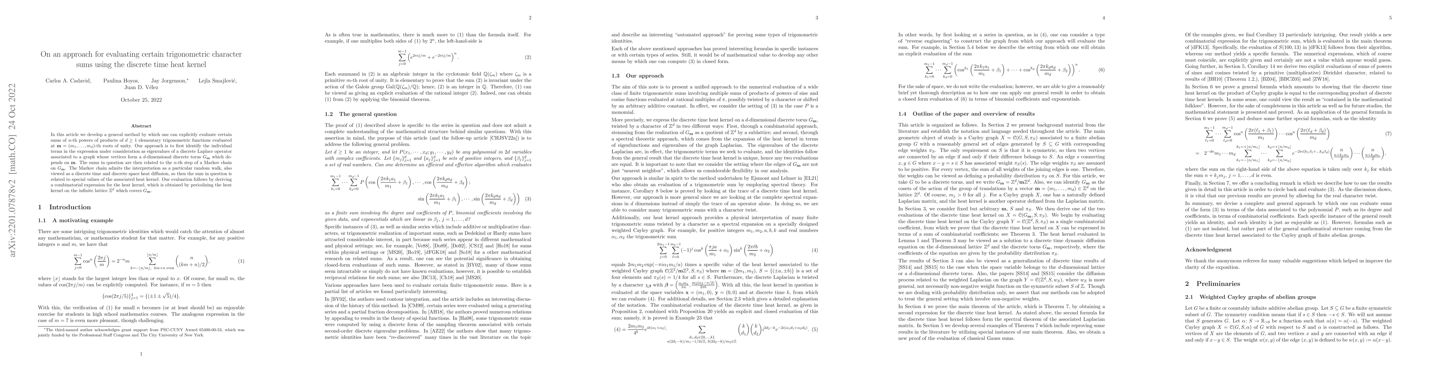 Thumbnail for On an approach for evaluating certain trigonometric character sums using
  the discrete time heat kernel