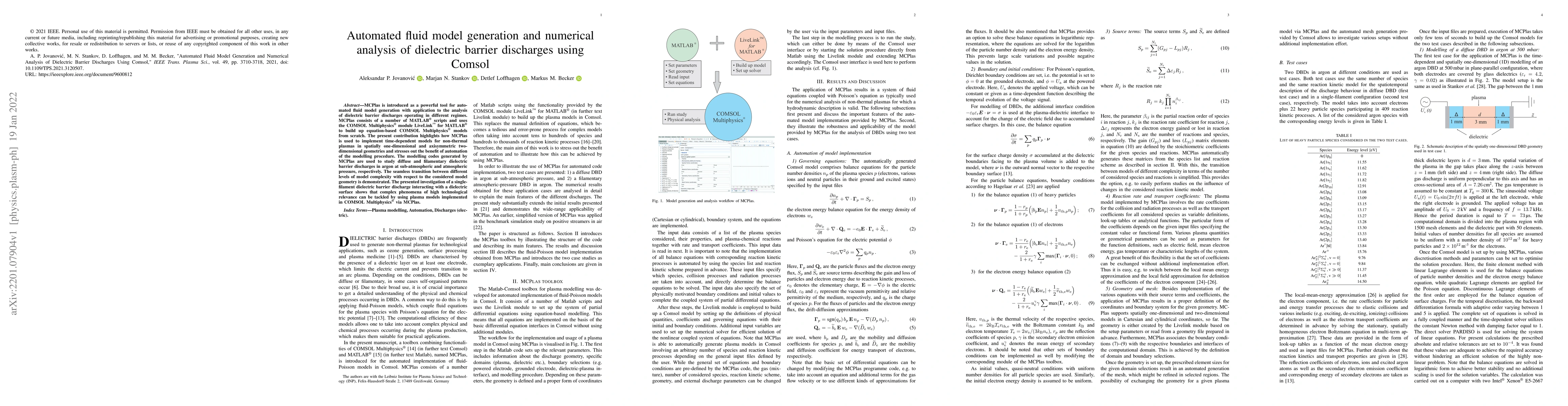 Thumbnail for Automated Fluid Model Generation and Numerical Analysis of Dielectric
  Barrier Discharges Using Comsol