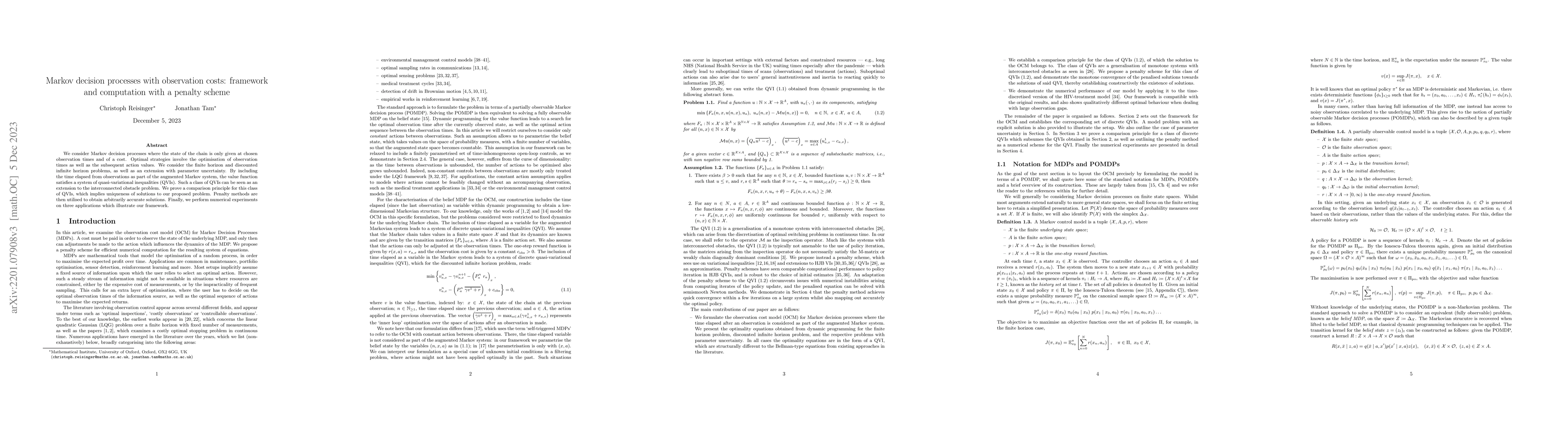 Thumbnail for Markov decision processes with observation costs: framework and
  computation with a penalty scheme
