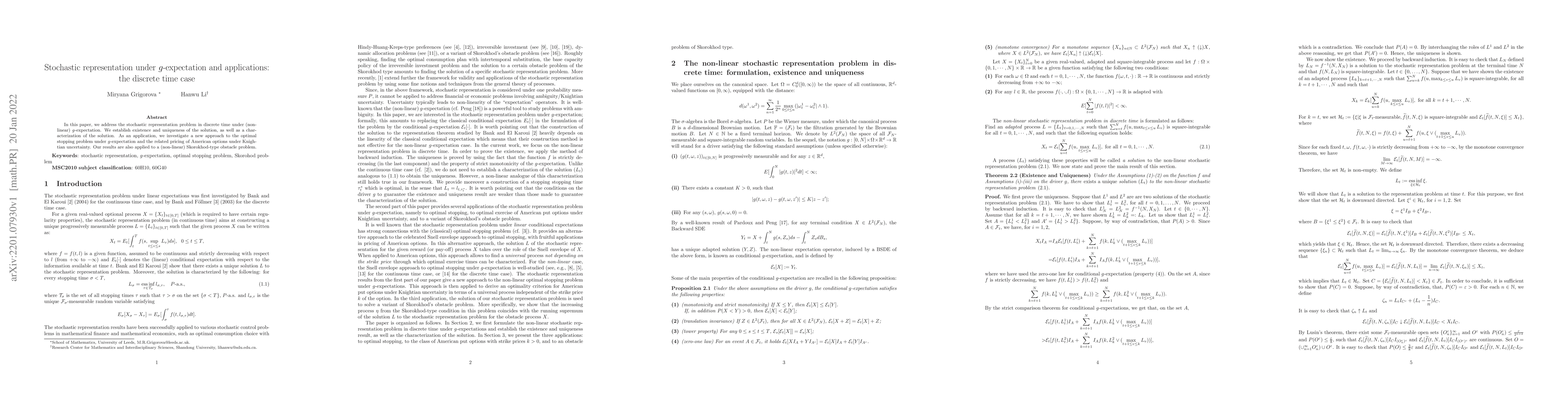 Thumbnail for Stochastic representation under g-expectation and applications: the
  discrete time case