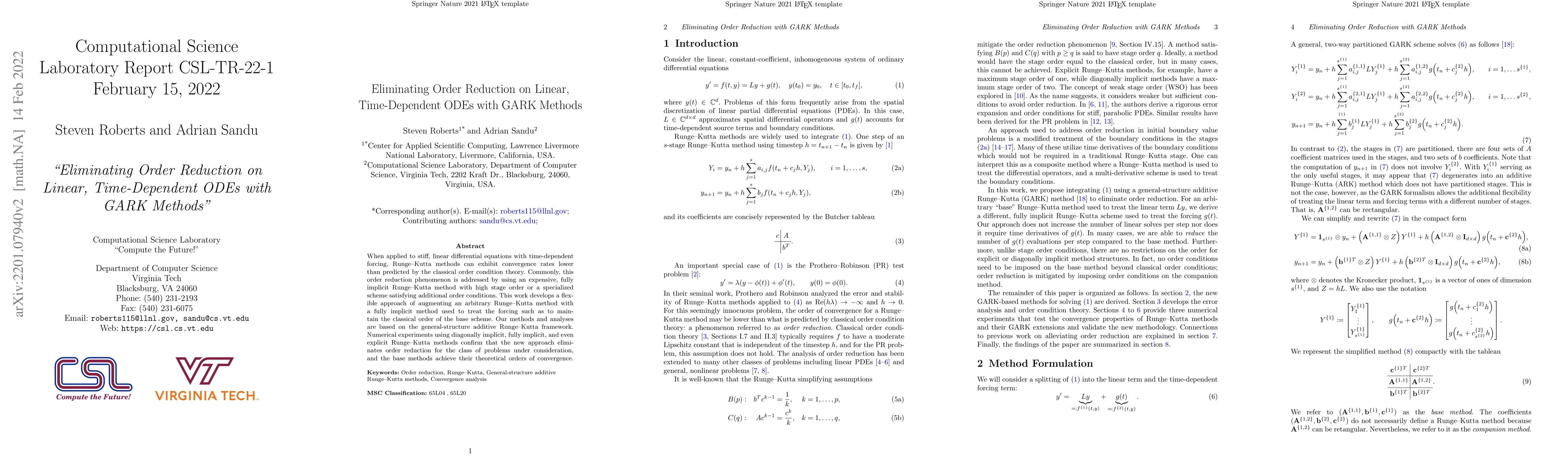 Thumbnail for Eliminating Order Reduction on Linear, Time-Dependent ODEs with GARK
  Methods