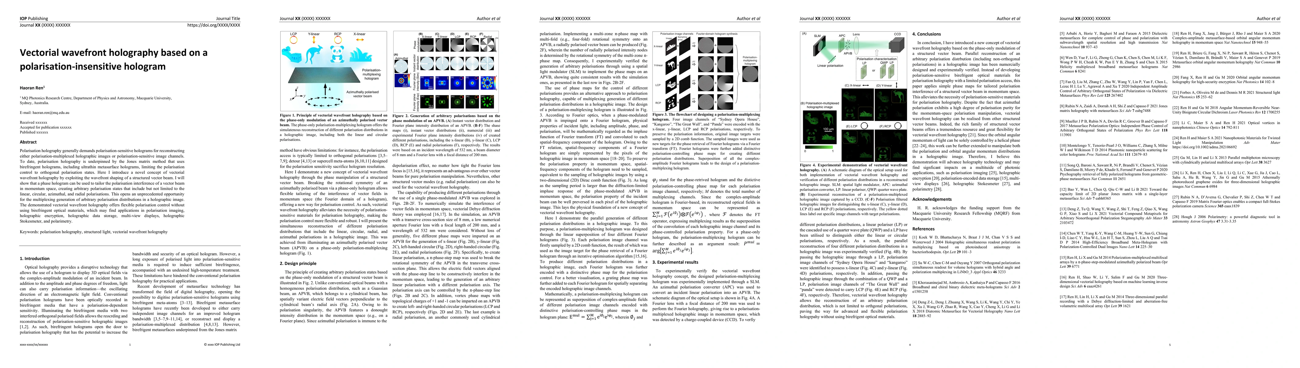 Thumbnail for Vectorial wavefront holography based on a polarisation-insensitive
  hologram