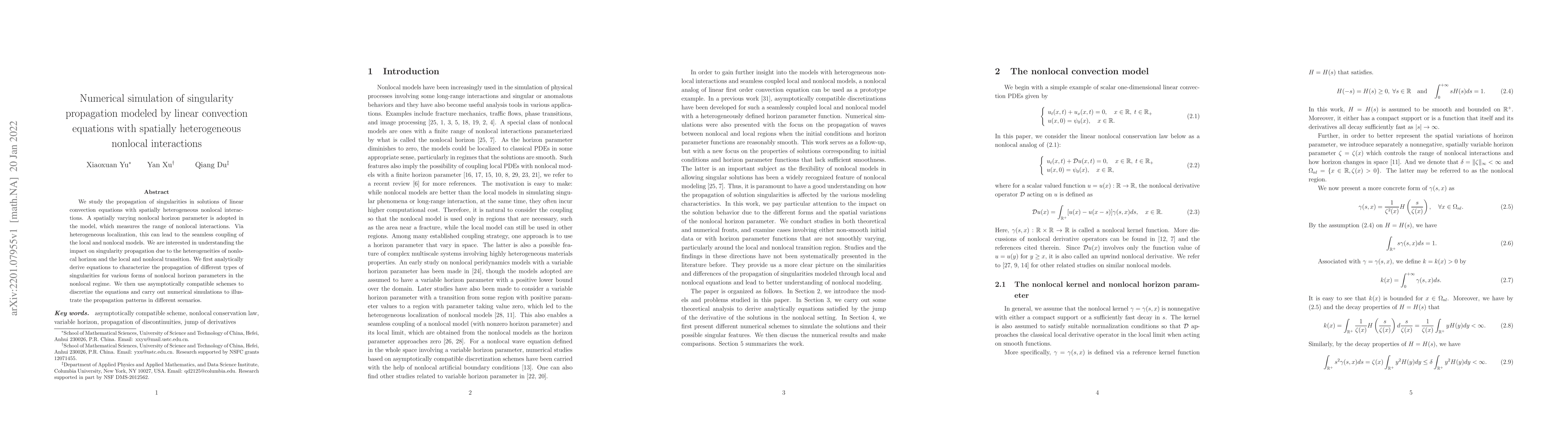 Thumbnail for Numerical simulation of singularity propagation modeled by linear
  convection equations with spatially heterogeneous nonlocal interactions
