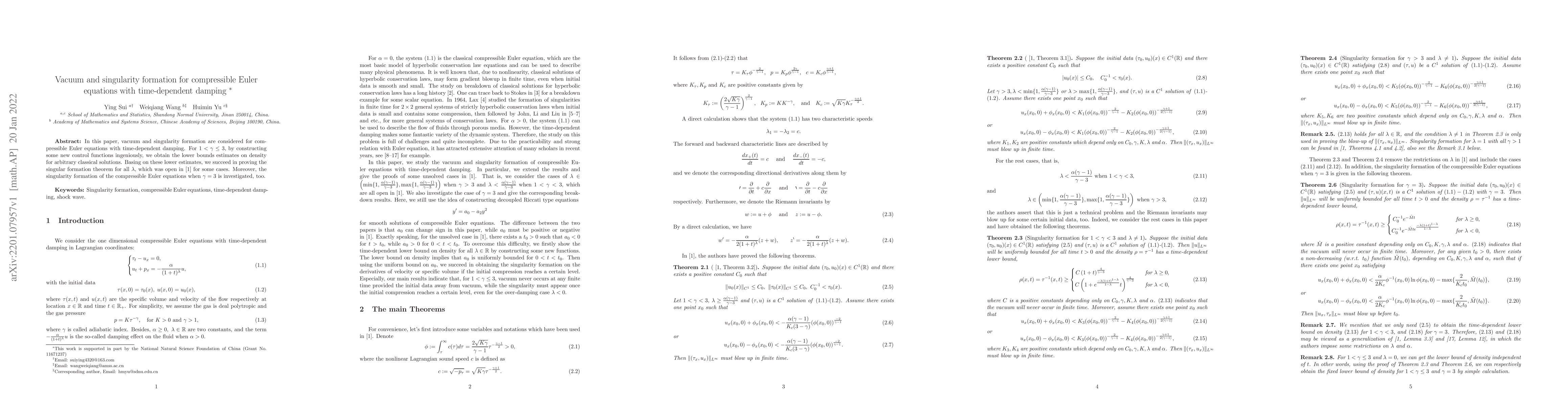 Thumbnail for Vacuum and singularity formation for compressible Euler equations with
  time-dependent damping