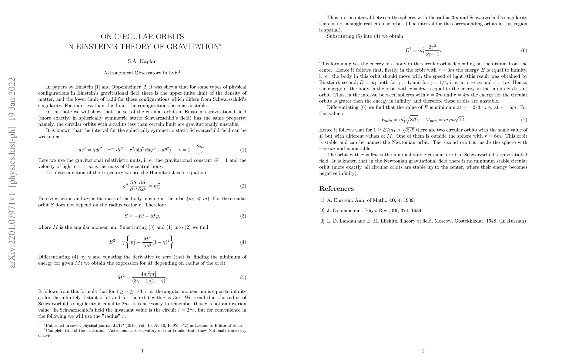 Thumbnail for On Circular Orbits in Einstein's Theory of Gravitation
