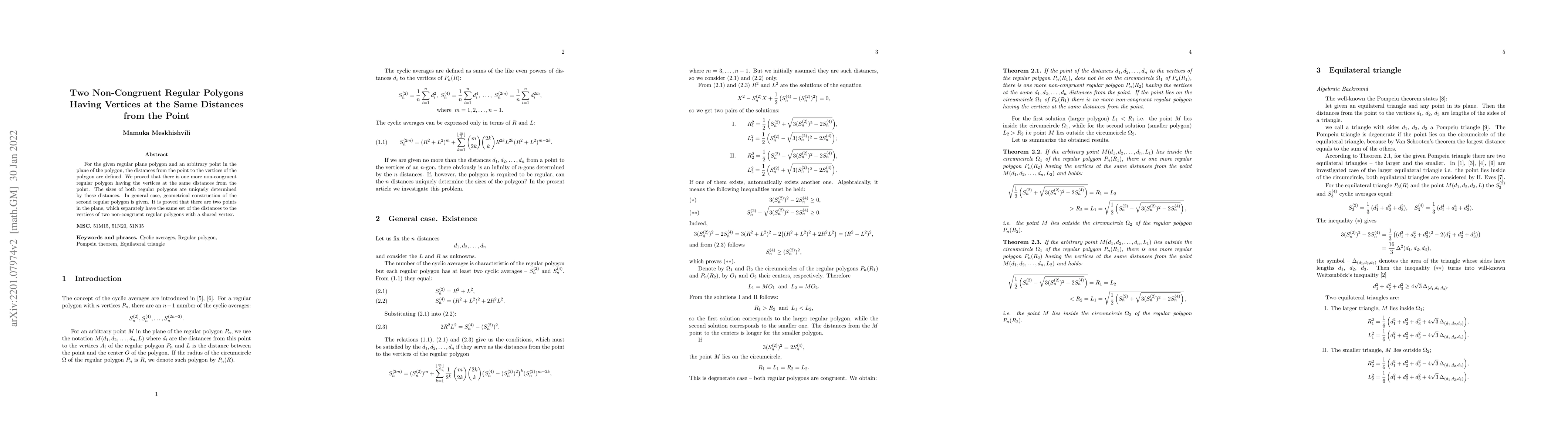 Thumbnail for Two Non-Congruent Regular Polygons Having Vertices at the Same Distances
  from the Point