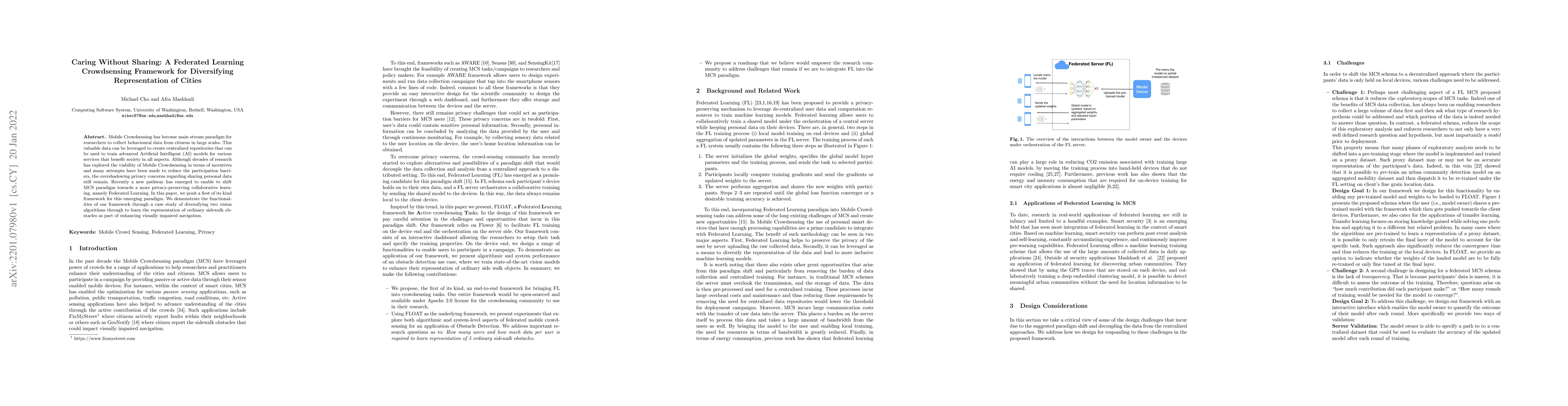 Thumbnail for Caring Without Sharing: A Federated Learning Crowdsensing Framework for
  Diversifying Representation of Cities