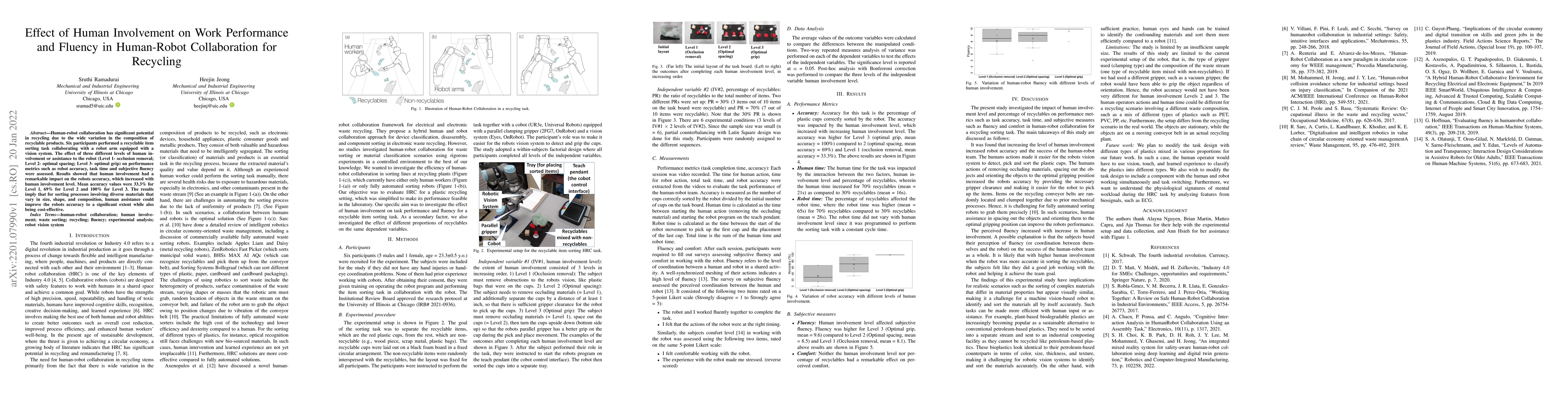 Thumbnail for Effect of Human Involvement on Work Performance and Fluency in
  Human-Robot Collaboration for Recycling