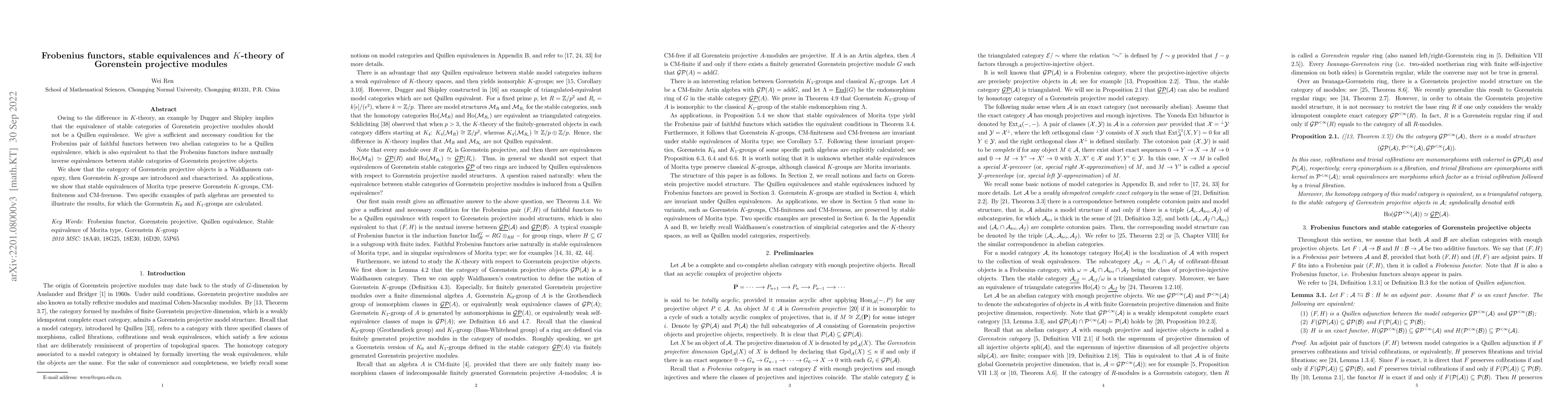 Thumbnail for Frobenius functors, stable equivalences and $K$-theory of Gorenstein
  projective modules