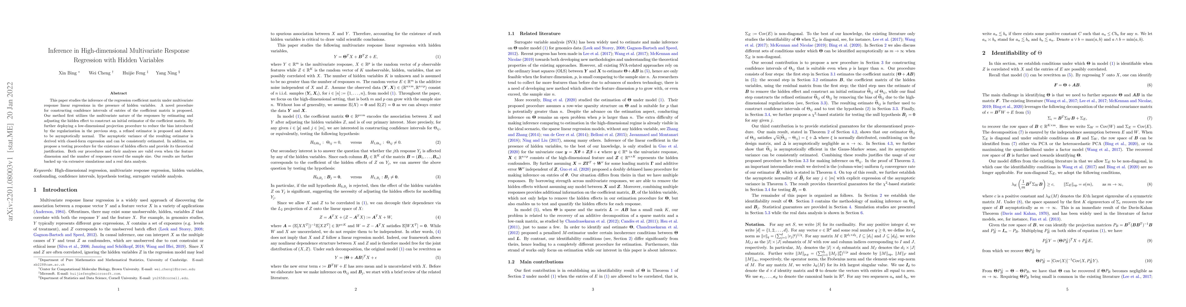 Thumbnail for Inference in High-dimensional Multivariate Response Regression with
  Hidden Variables